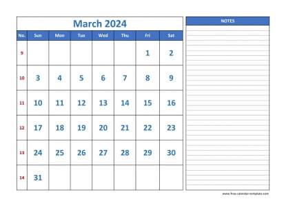 march 2024 calendar largenotes horizontal