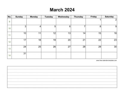 march 2024 calendar notes horizontal
