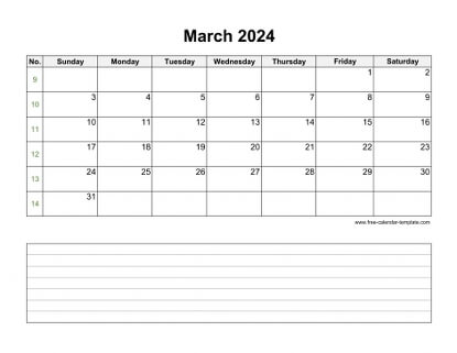 march 2024 calendar notes horizontal