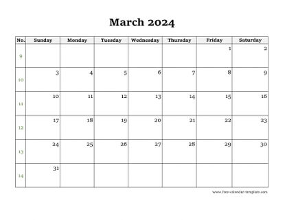 march 2024 calendar simple horizontal