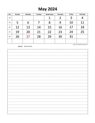 may 2024 calendar daily notes vertical