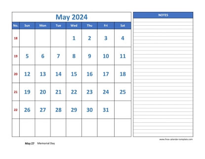 may 2024 calendar largenotes horizontal