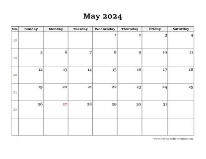 may 2024 calendar simple horizontal