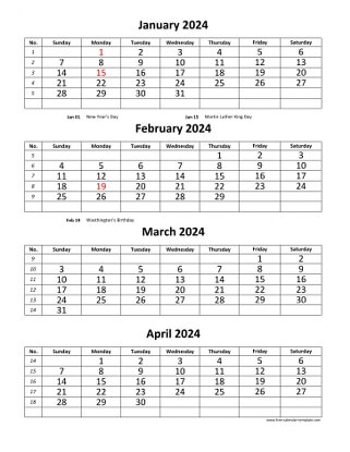 monthly 2024 calendar four months vertical