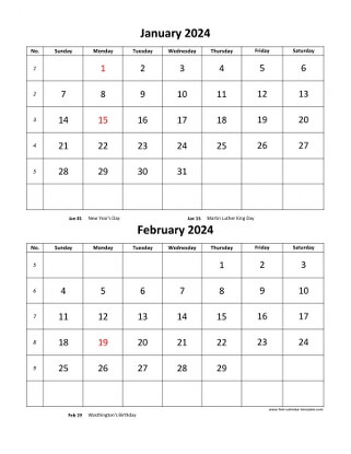 monthly 2024 calendar two months vertical