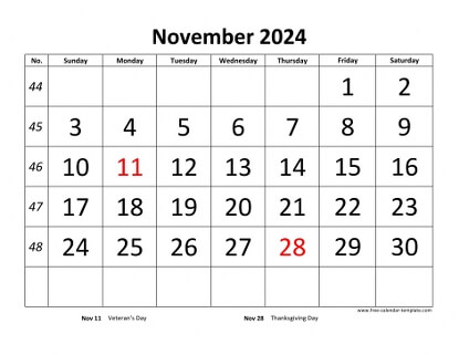 november 2024 calendar bigfont horizontal