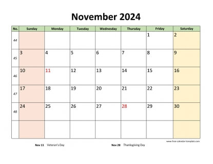 november 2024 calendar colored horizontal