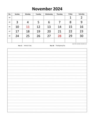november 2024 calendar daily notes vertical
