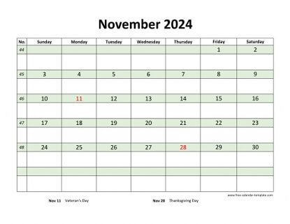 november 2024 calendar daycolored horizontal