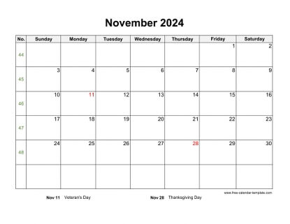 november 2024 calendar holidays horizontal