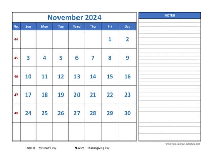 november 2024 calendar largenotes horizontal