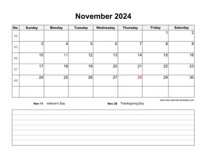 november 2024 calendar notes horizontal