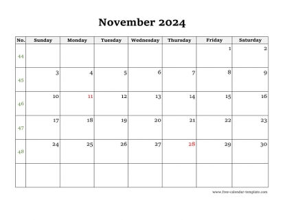 november 2024 calendar simple horizontal