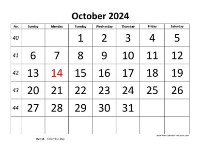 october 2024 calendar bigfont horizontal