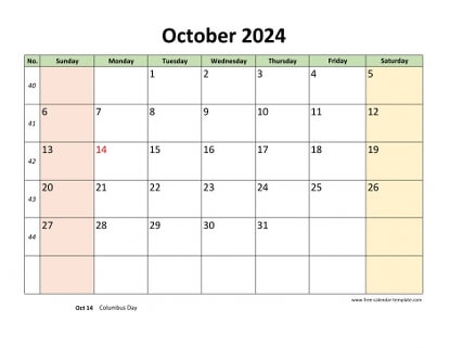 october 2024 calendar colored horizontal