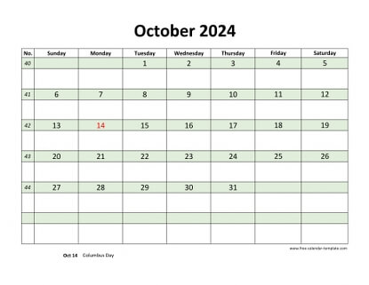 october 2024 calendar daycolored horizontal