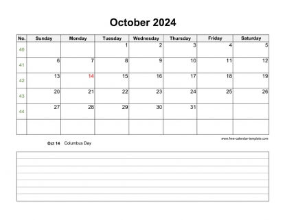 october 2024 calendar notes horizontal