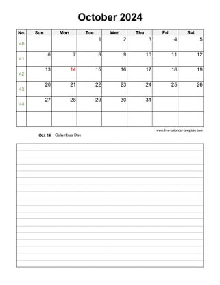 october 2024 calendar notes vertical