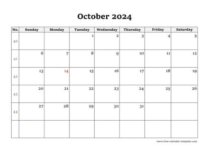 october 2024 calendar simple horizontal