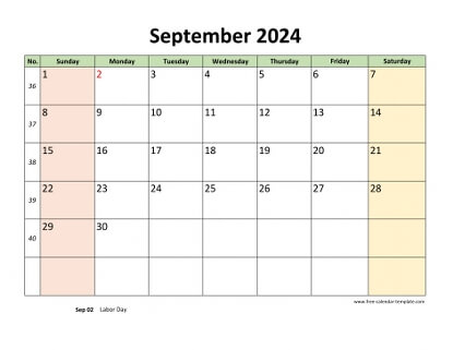 september 2024 calendar colored horizontal