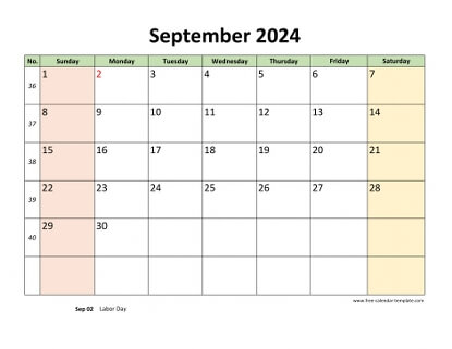 september 2024 calendar colored horizontal
