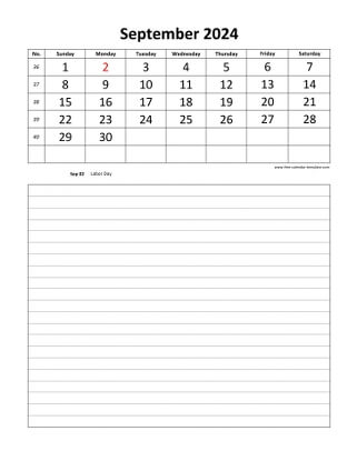 september 2024 calendar daily notes vertical