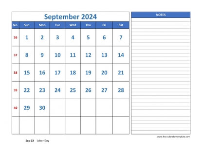 september 2024 calendar largenotes horizontal