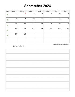 september 2024 calendar notes vertical