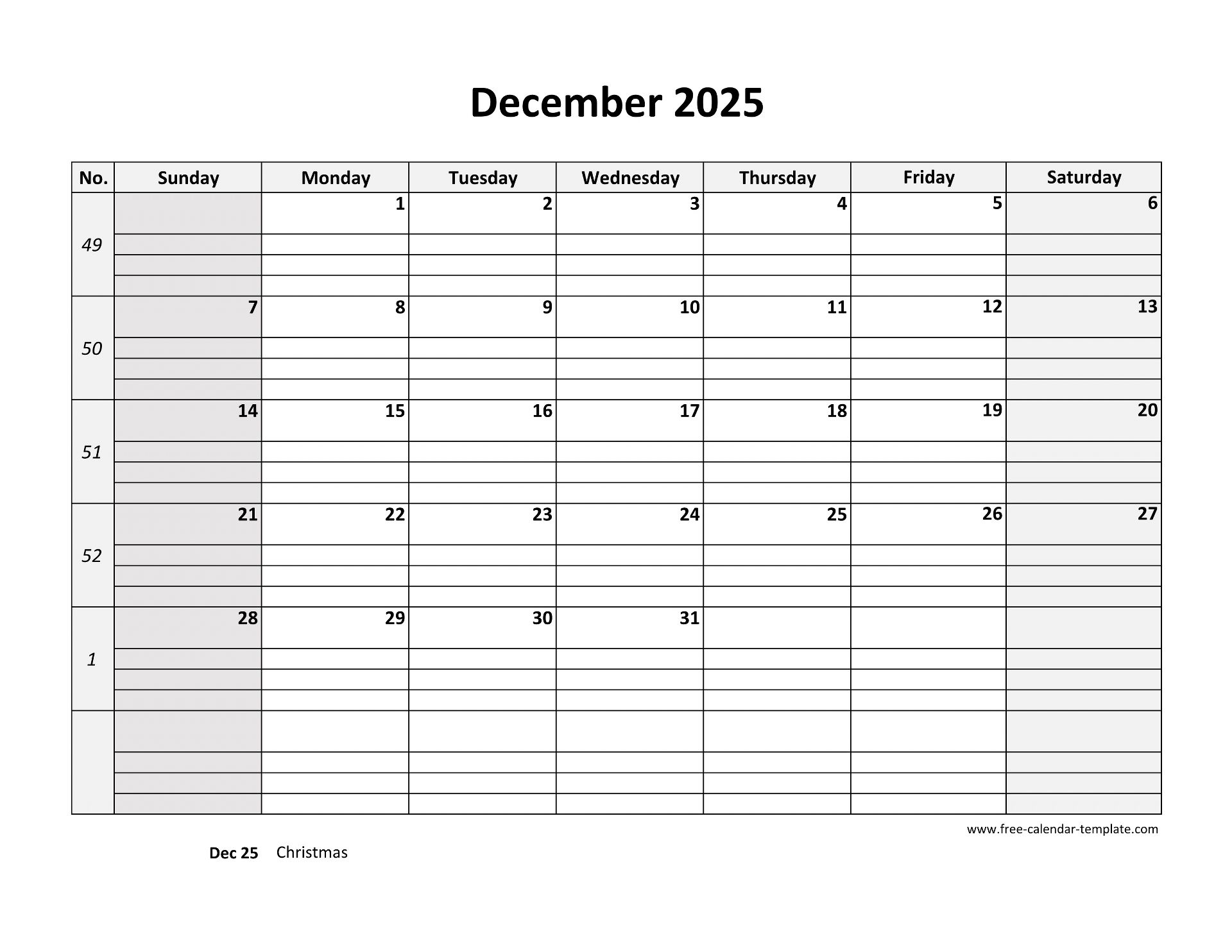 December 2025 Calendar Free Printable with grid lines designed (horizontal) | Free-calendar-template.com