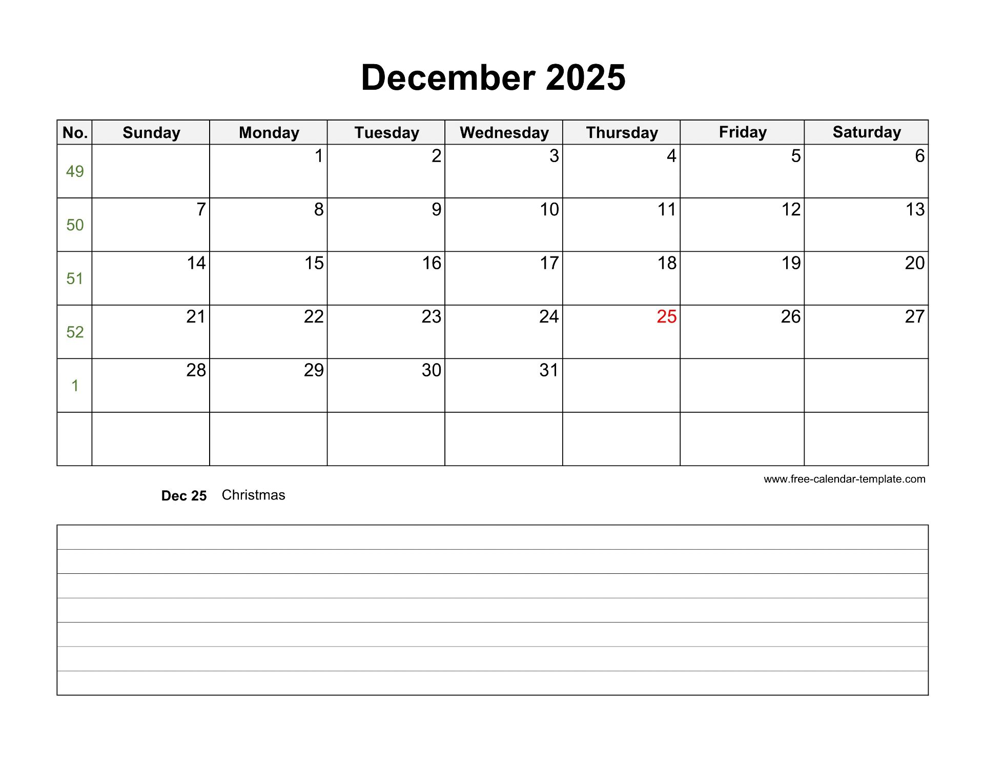 2025 Printable December Calendar with space for appointments