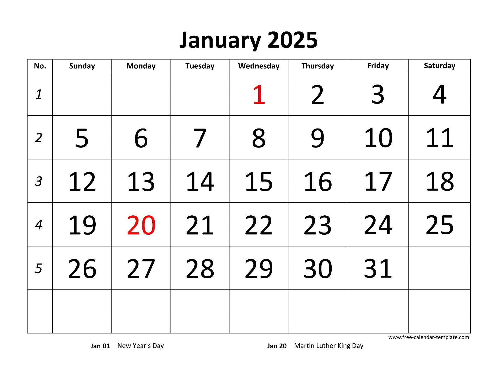 January 2025 Calendar designed with large font (horizontal)