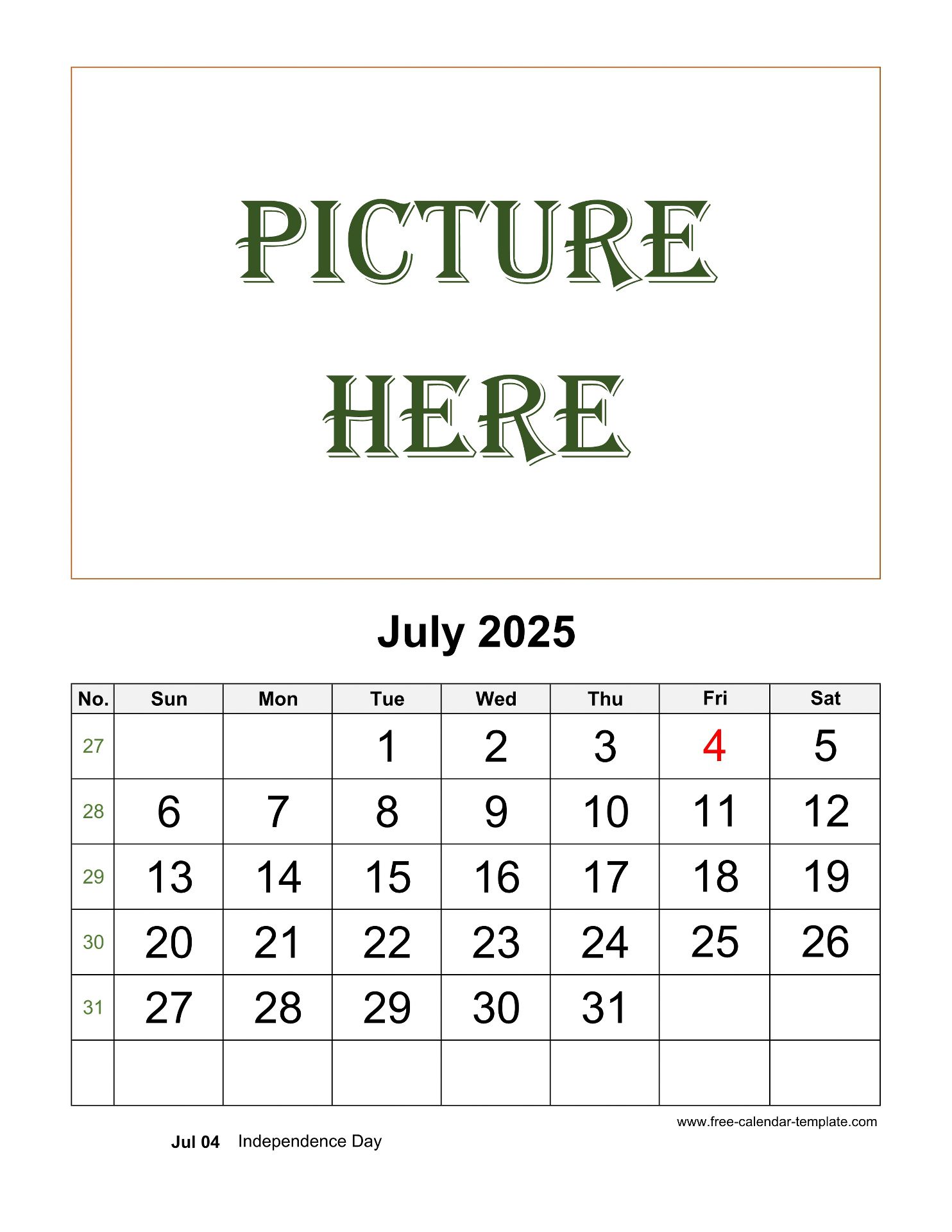 July Printable 2025 Calendar, space for add picture (vertical) Free