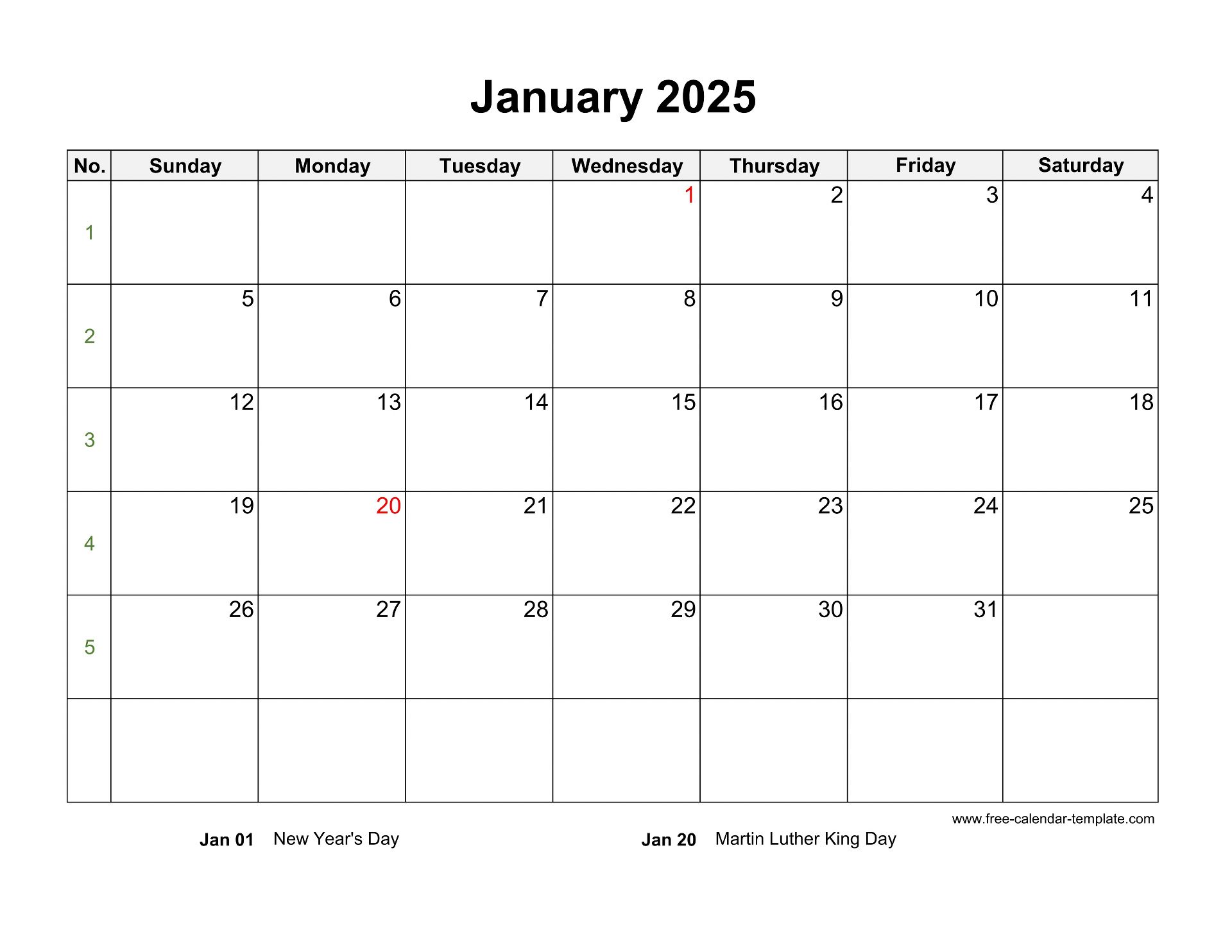 Free 2025 Calendar Blank Monthly Template horizontal Free calendar