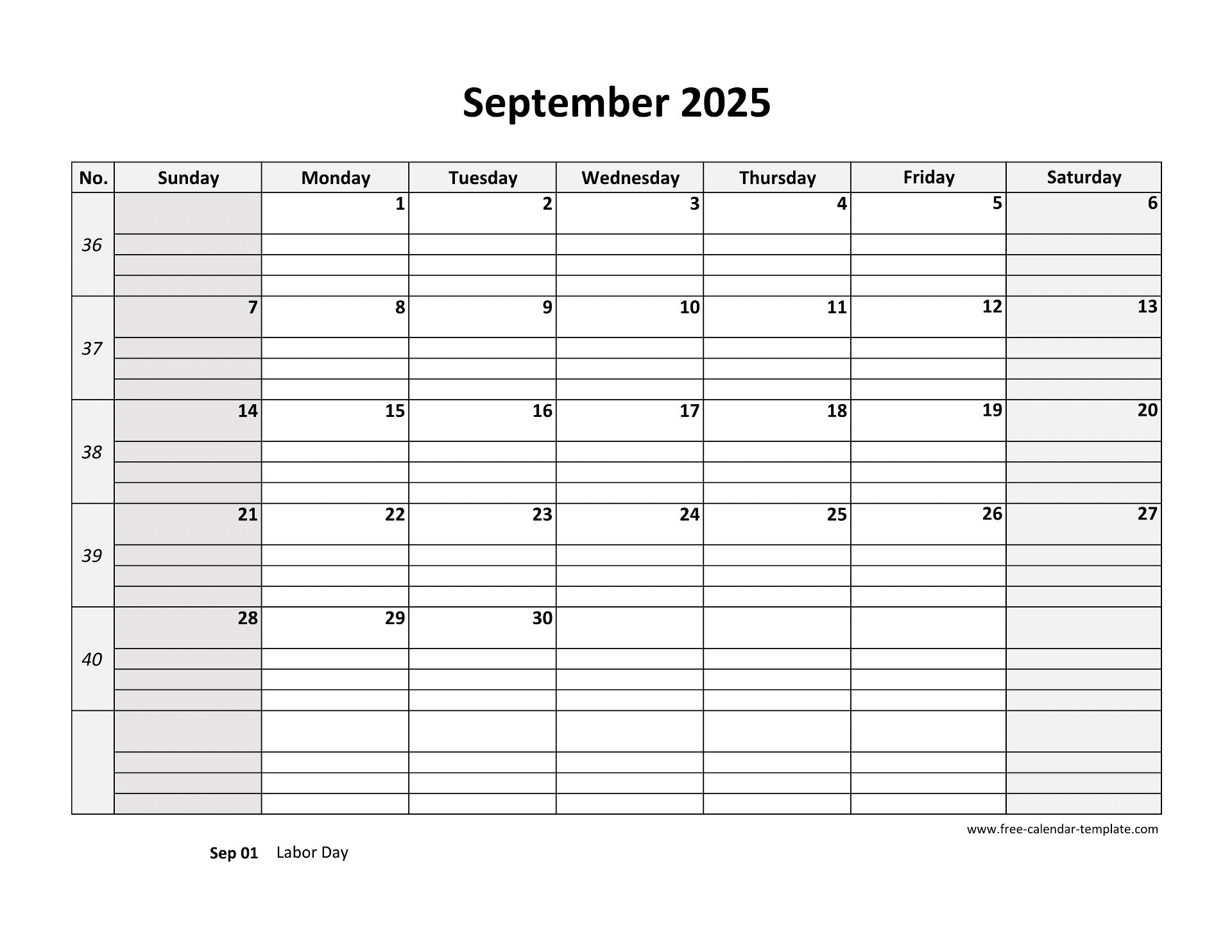 September 2025 Calendar Free Printable with grid lines designed