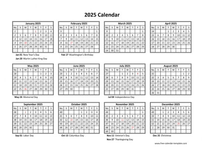 2025 calendar holidays month horizontal