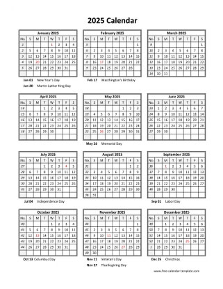 2025 calendar holidays month vertical