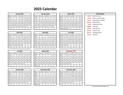 2025 calendar holidays right horizontal