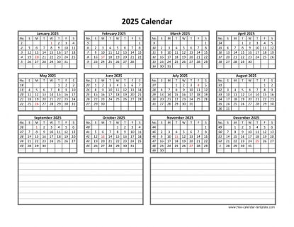 2025 calendar notes horizontal