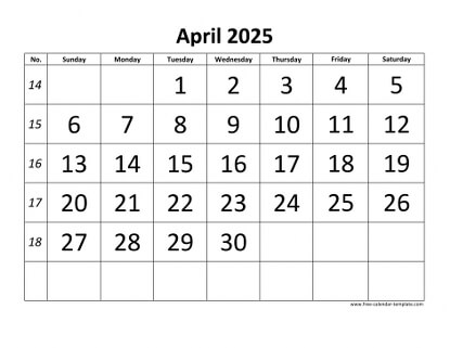 april 2025 calendar bigfont horizontal