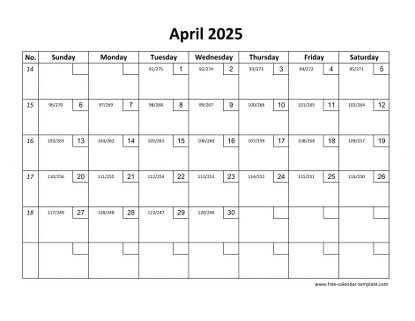 april 2025 calendar checkboxes horizontal