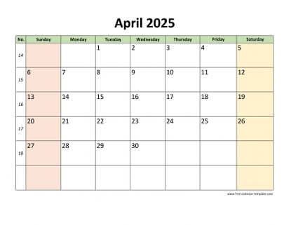 april 2025 calendar colored horizontal