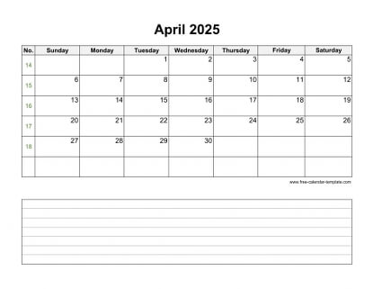 april 2025 calendar notes horizontal