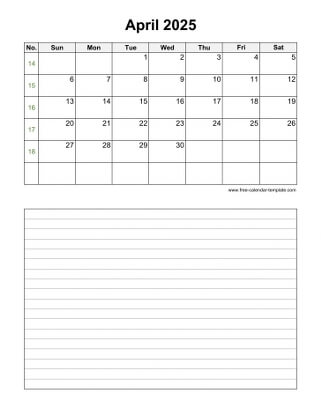 april 2025 calendar notes vertical