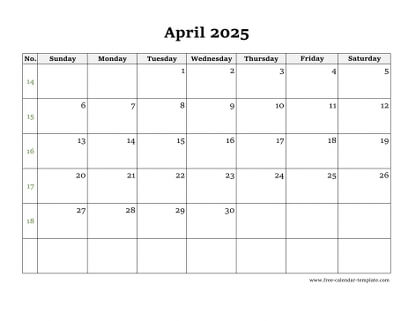 april 2025 calendar simple horizontal