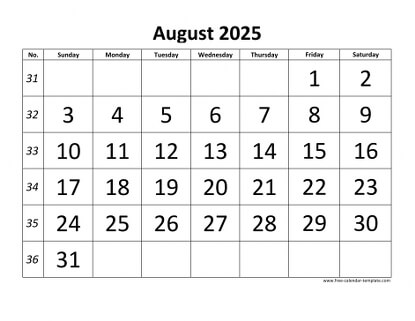 august 2025 calendar bigfont horizontal