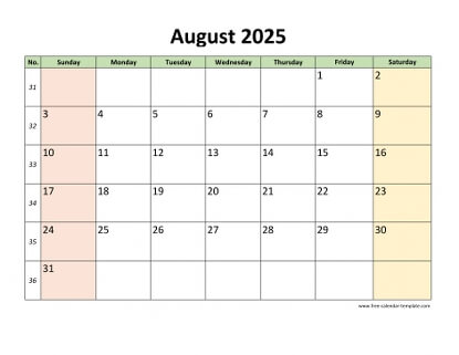 august 2025 calendar colored horizontal