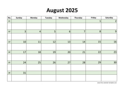 august 2025 calendar daycolored horizontal