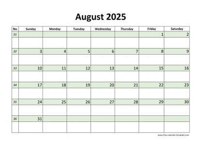 august 2025 calendar daycolored horizontal