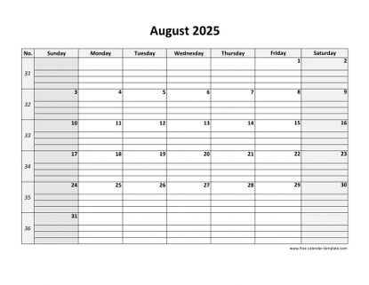 august 2025 calendar daygrid horizontal