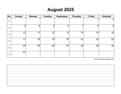 august 2025 calendar notes horizontal